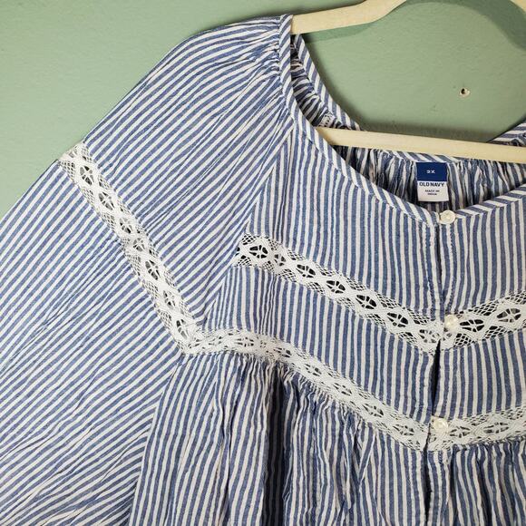 Old Navy Womens Blue Striped Crochet-Lace Trim Button-Front LS Blouse Size 2X - Picture 4 of 6
